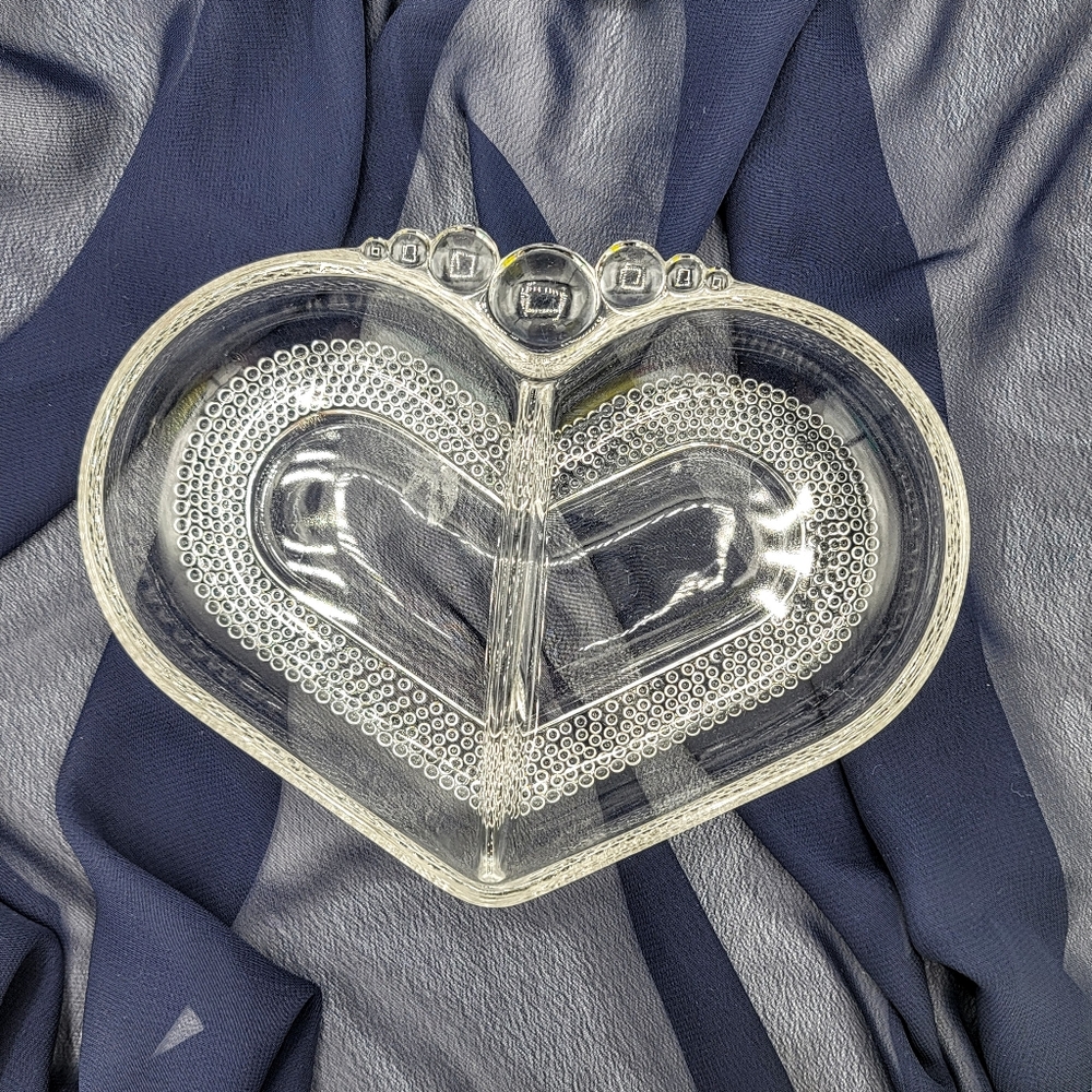 Duncan & Miller Teardrop Patterned Bubble Heart Divided Dish Relish Trinket Vtg
